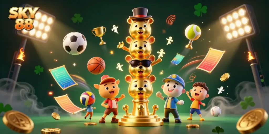 Experience the thrill of SKY 88 with a captivating 3D casino illustration featuring dynamic sports elements and a golden totem.