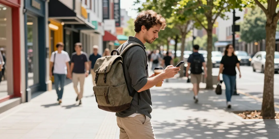 Stylischer Mann mit rucksack herren canvas in einer belebten Stadtstraße.