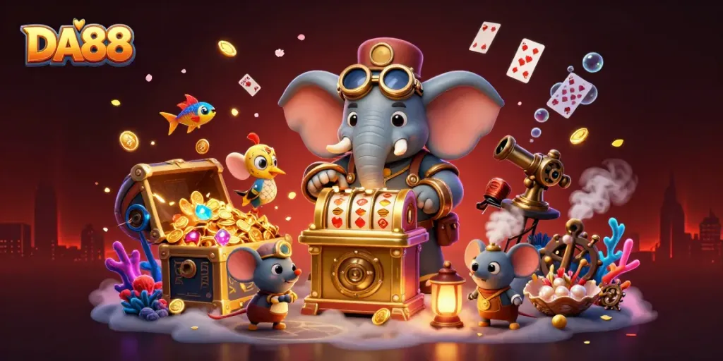 Experience the vibrant excitement of DA88 with a whimsical steampunk theme featuring a golden slot machine and lively underwater treasures.
