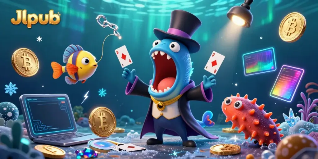 Experience thrilling card tricks with Jlpub's magical underwater characters amid colorful crypto elements.
