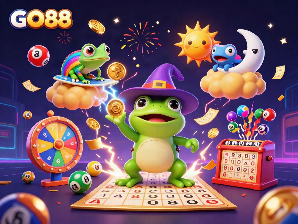 Spin and win big with GO88, showcasing a vibrant 3D storm of coins, vibrant characters, and exciting casino elements.