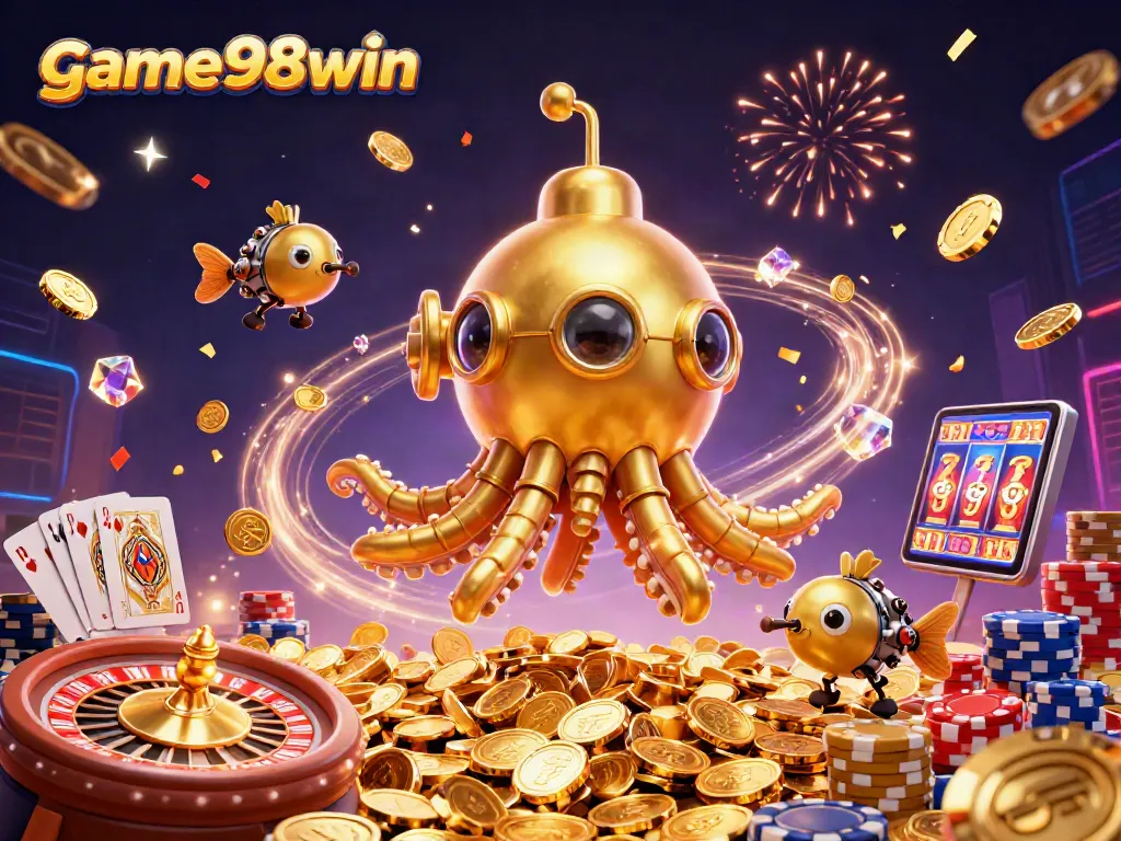 Experience thrilling wins with game98win in a vibrant casino adventure illustration featuring dynamic 3D elements.