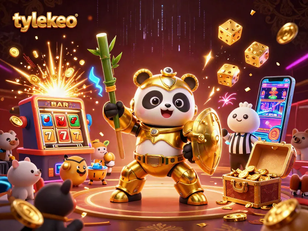 Engage with the exciting world of tylekeo as a dynamic panda pilots a bamboo robot amidst casino elements.