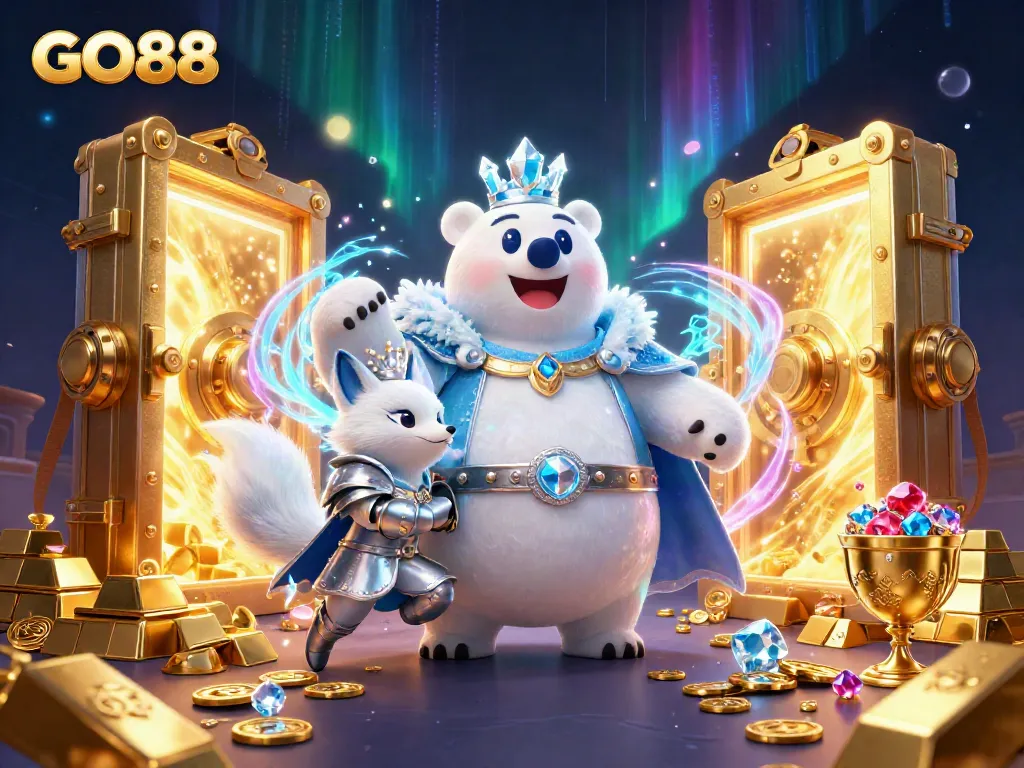 Engage in thrilling winnings at GO88 with dynamic treasures, gems, and a royal bear illustration.