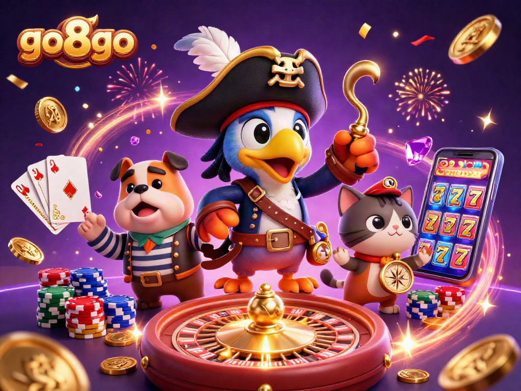 Engage in the adventurous world of go8go with a pirate-themed casino scene featuring dynamic game elements.
