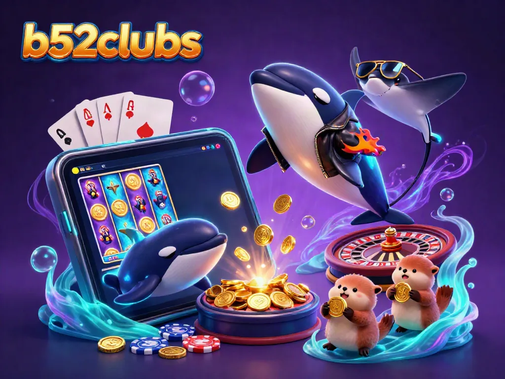 Experience thrilling gameplay at b52clubs with vibrant characters celebrating casino wins amid golden coins and dynamic game elements.