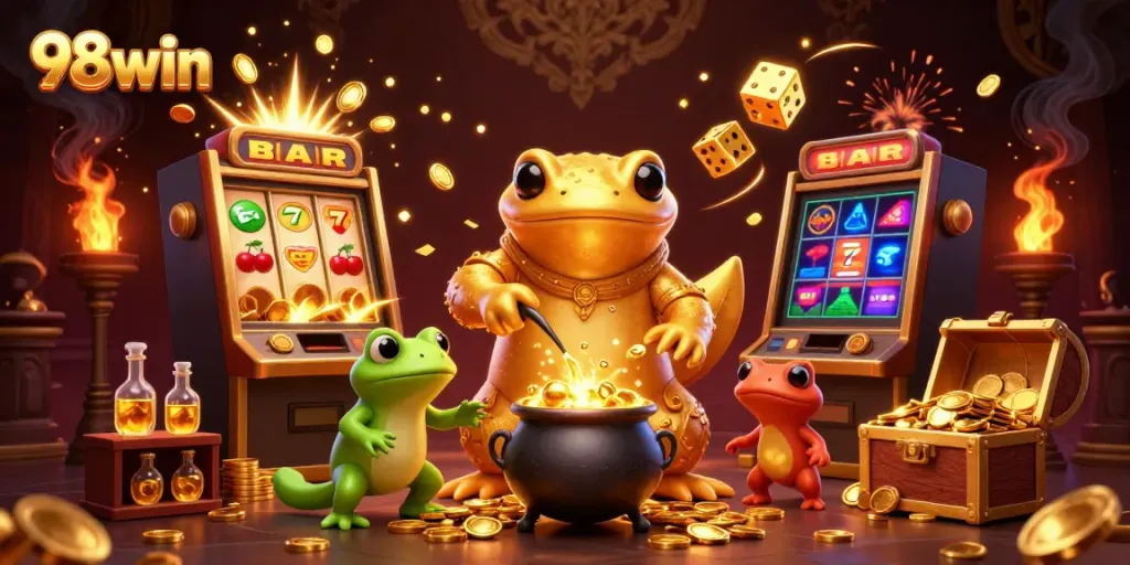 Engage with thrilling games at 98win featuring a golden salamander alchemist and jackpot illustrations.