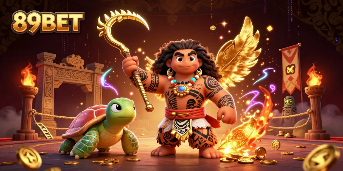 Engage with 89BET's vivid online gaming world featuring a dynamic scene of tribal heroes amidst casino elements.