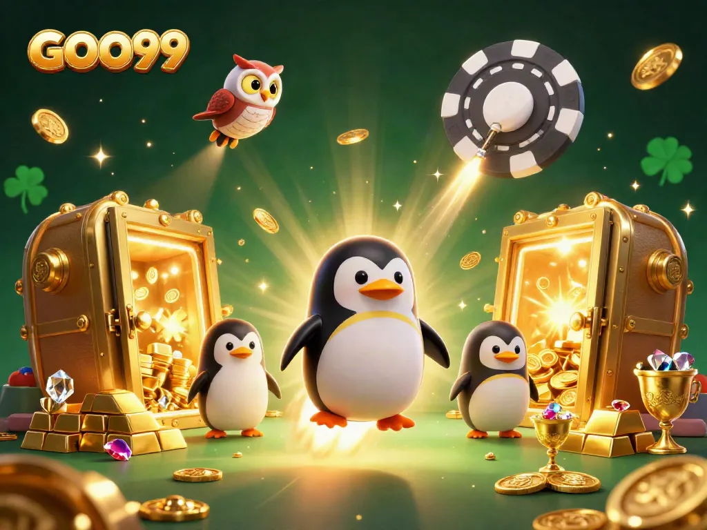 Play exciting games at GOO99, with a vibrant casino space scene illustrating thrilling gambling adventures.