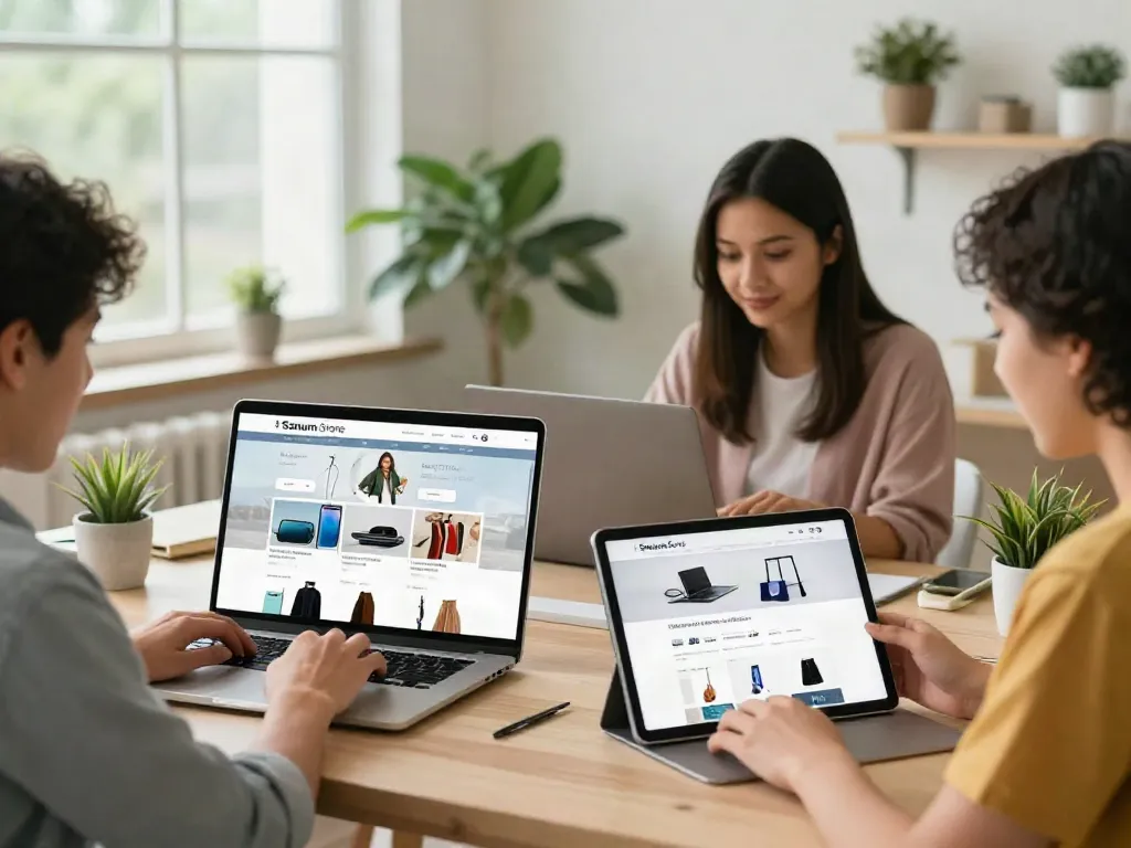 Klanten browsen producten op sanumstore in een moderne e-commerce winkelomgeving.