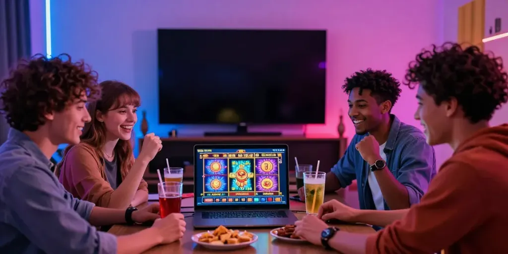 Group of friends enjoying slot online games in a lively home setting.