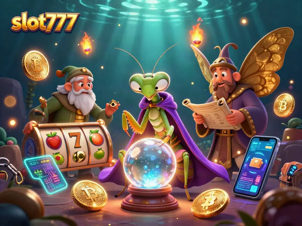 Menangkan hadiah slot777 dengan simbol keberuntungan dan jackpot yang mengelilingi karakter ramalan dalam dunia digital.