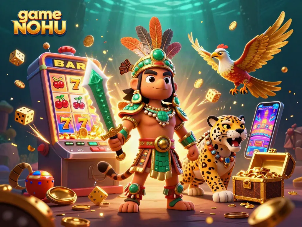 Experience game NOHU action with Aztec warriors and jackpot thrills, showcasing vibrant casino elements.