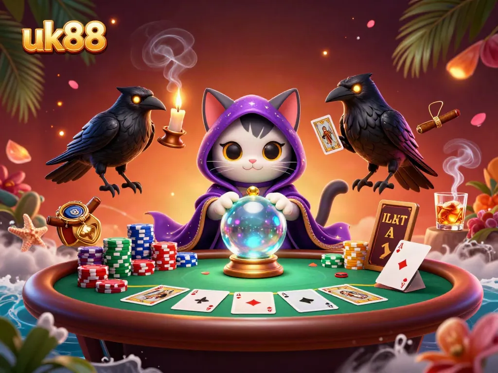 Experience the thrill of uk88 gaming with a mystical fortune teller cat and a raven in a rich casino scene.