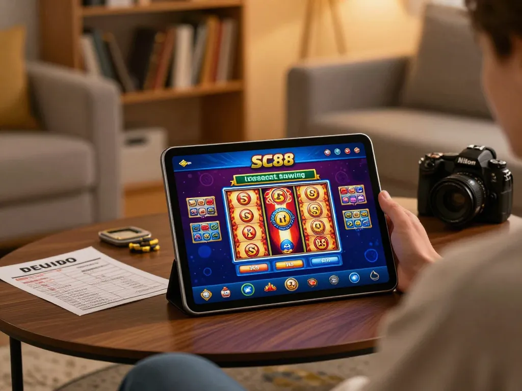 SC88 app user strategizing in cozy home environment while playing online slots.
