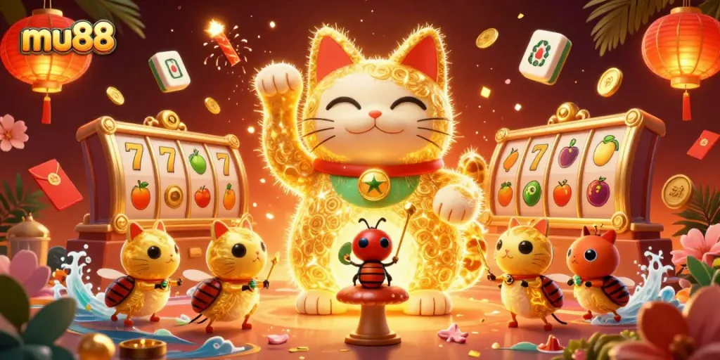 Engage with mu88's winning strategies in a vibrant casino scene featuring a lucky cat.