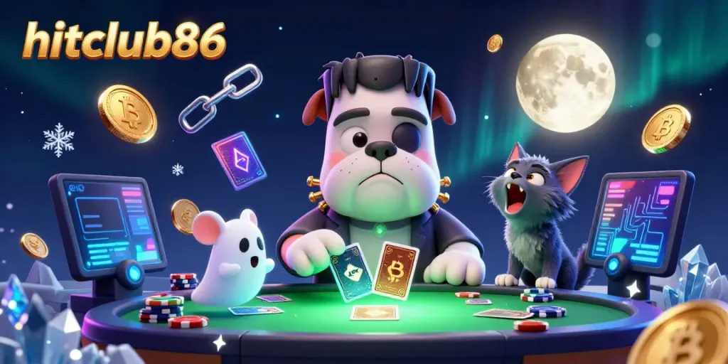 Engage with hitclub86's thrilling games as the playful character deals cards in a spooky casino scene.