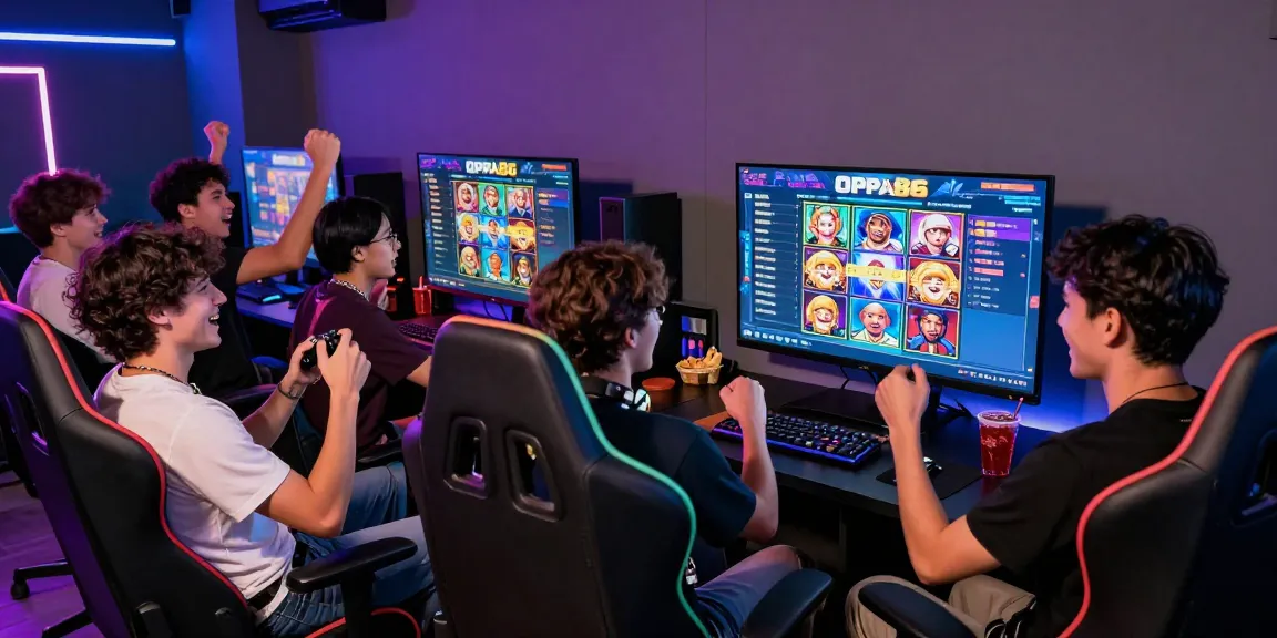 Exciting moment at OPPA86 gaming lounge with friends enjoying slot games.