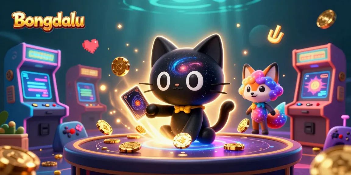 Bongdalu brings excitement with a black hole cat and nebula fox at a cosmic gaming table, filled with golden chips.