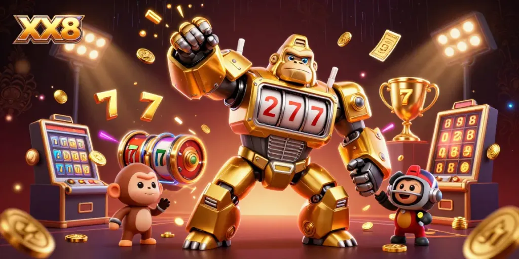 Spin reels with XX8's gorilla mech and winning elements, showcasing online casino excitement.