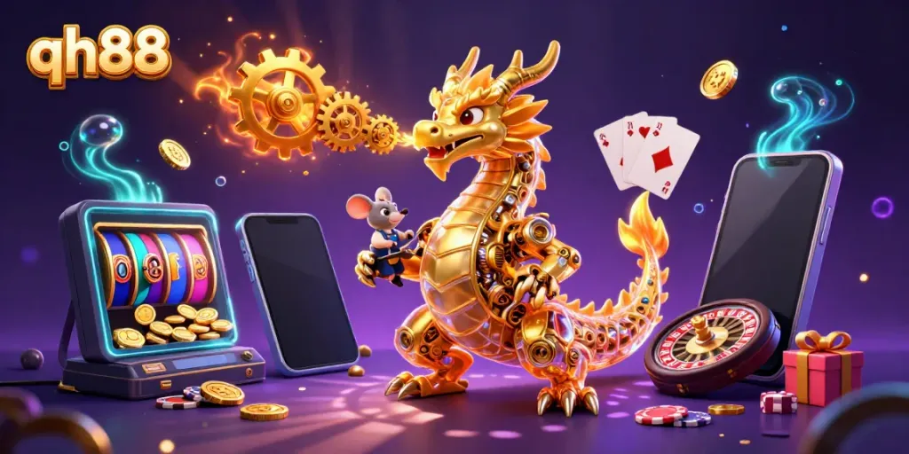 Experience the thrill of qh88 casino with a golden dragon and colorful gaming elements