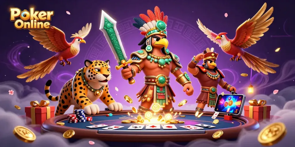 Experience the thrill of Poker Online with an energetic 3D rendering of warriors and poker elements.