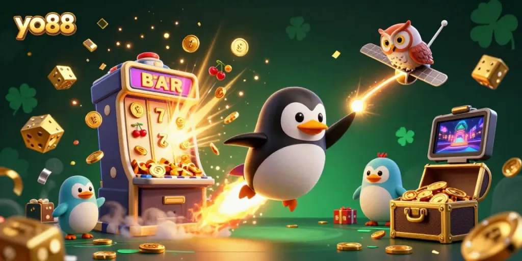 Experience the excitement of yo88 with a vibrant 3D illustration of a golden penguin launching towards a casino station.