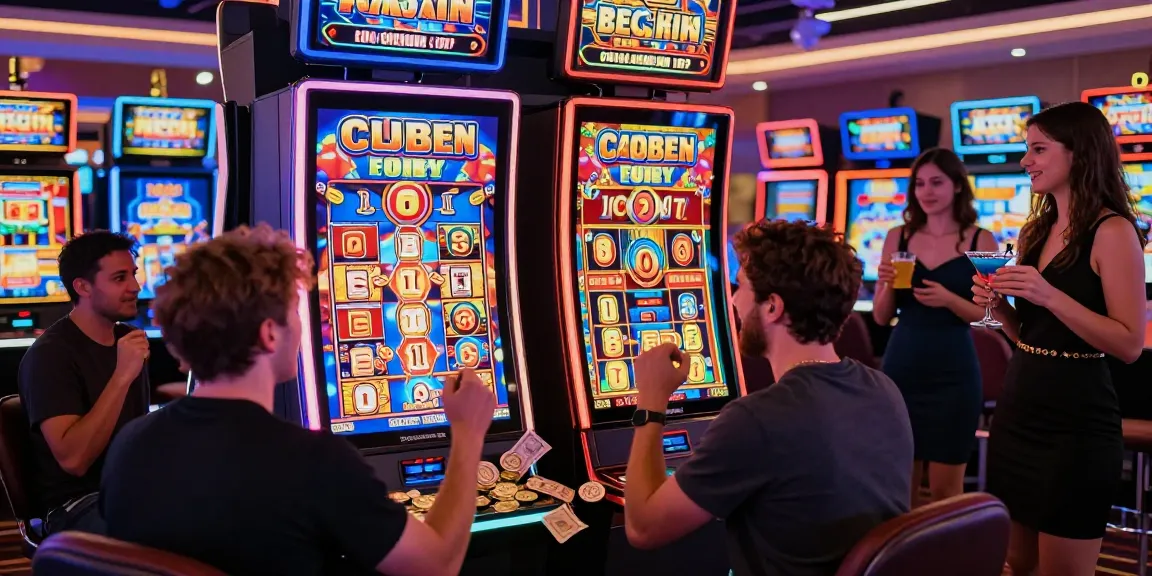 Players celebrating at a slot machine after hitting the jackpot in a vibrant casino