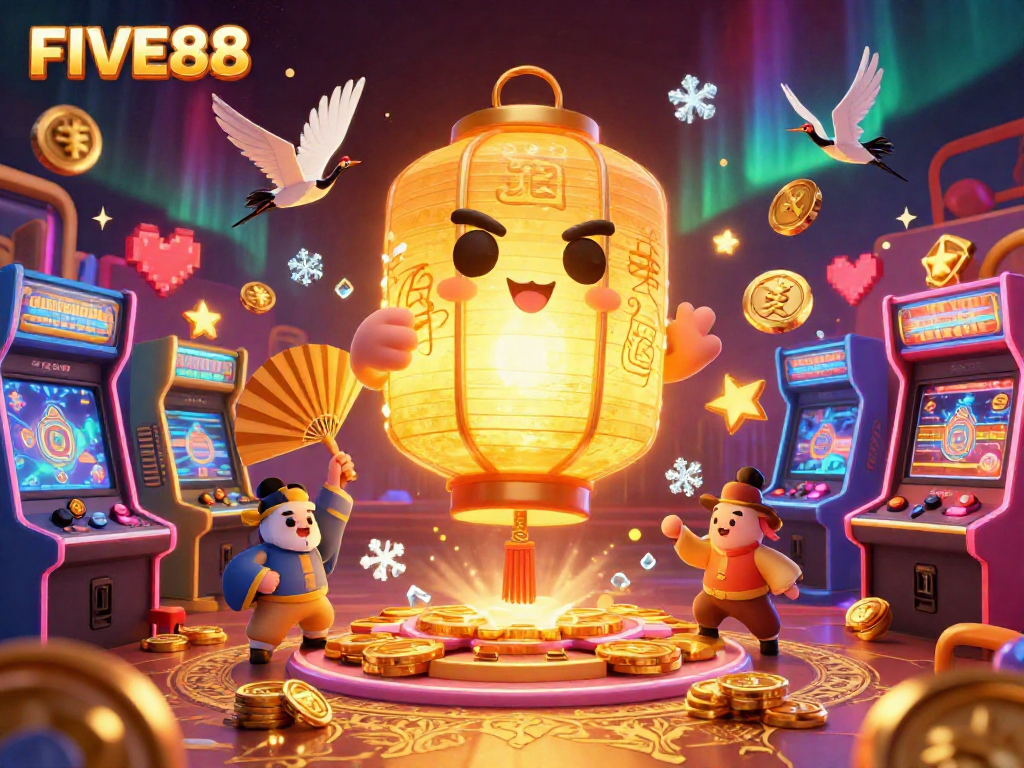 Engage with the vibrant fantasy casino world of FIVE88, showcasing energetic characters and game elements.