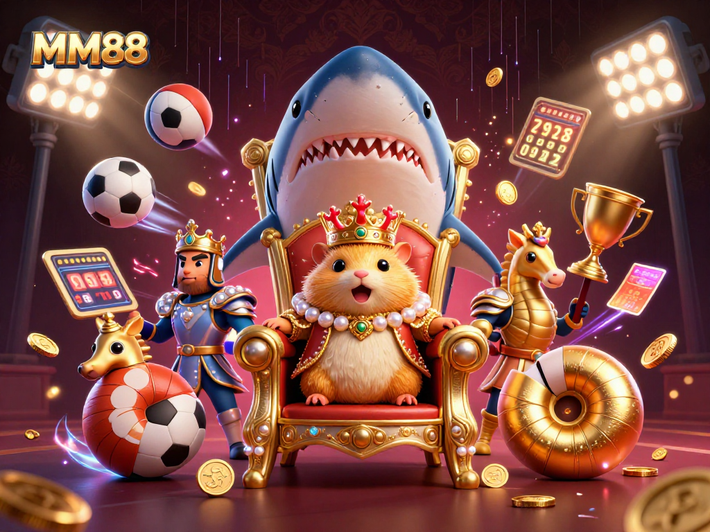 Engage with MM88, featuring a golden hamster king in a dynamic casino scene filled with sports elements.