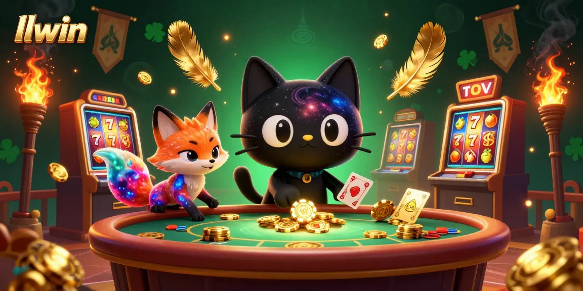 Engage in thrilling casino action with LLWIN in a vibrant 3D cosmos visual, featuring lucky chips and a colorful companion.