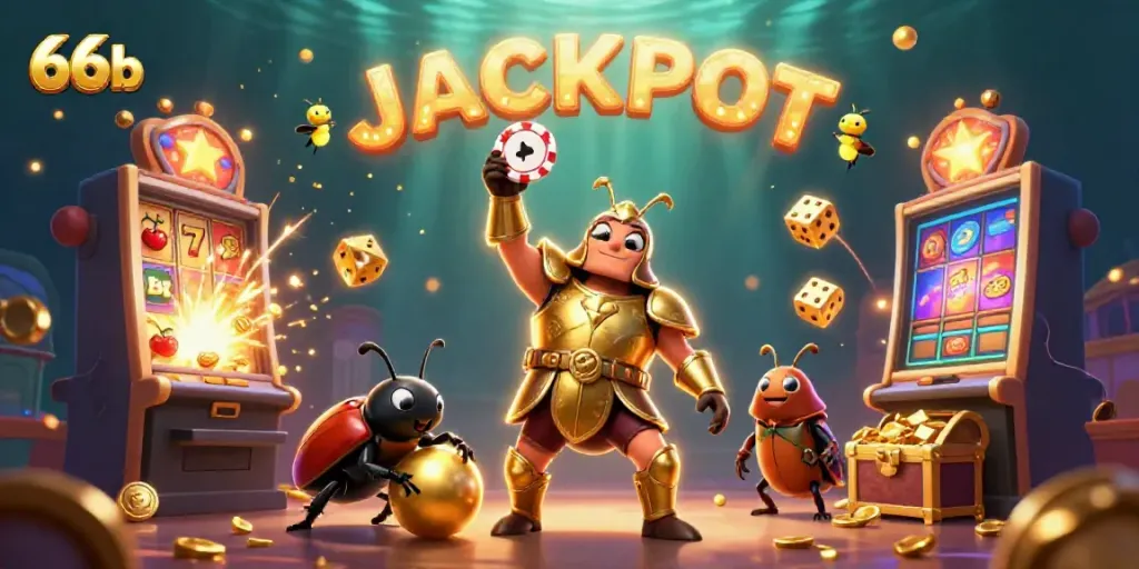 Celebrate winnings at 66b with a victorious beetle and dazzling casino elements