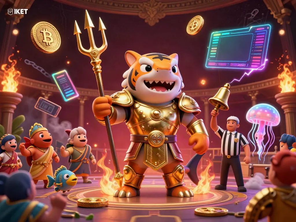 Engage in the thrilling underwater world of 8KET, with a gladiatorial tiger shark amidst vibrant crypto elements.