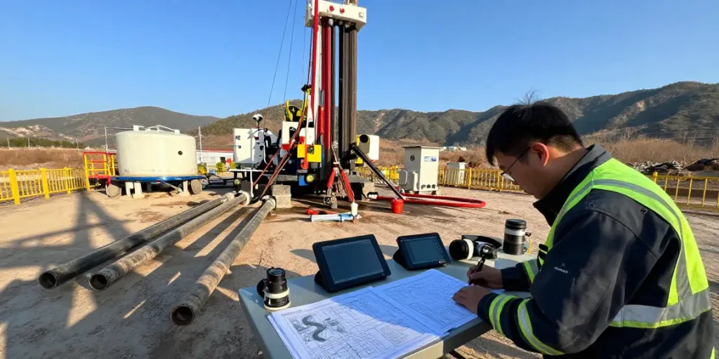 Techniker bei der Geothermie Bohrung mit modernem Bohrgerät in rauem Gelände.