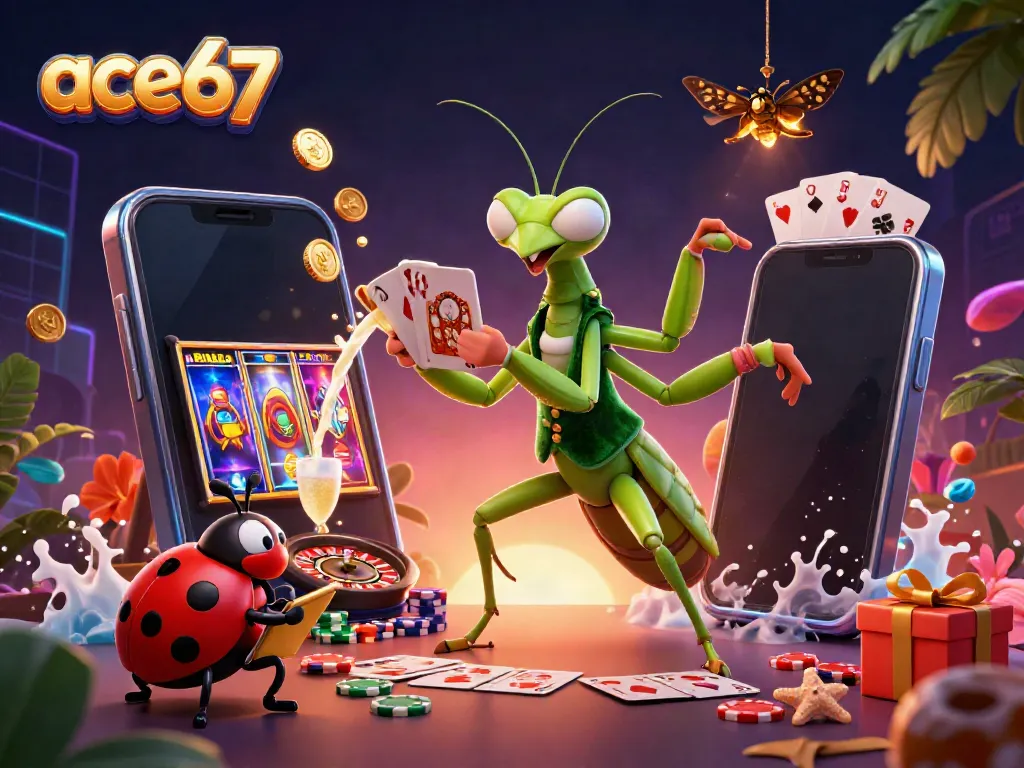 Experience ace67's gaming thrills with a lively casino scene featuring a lucky mantis dealer.