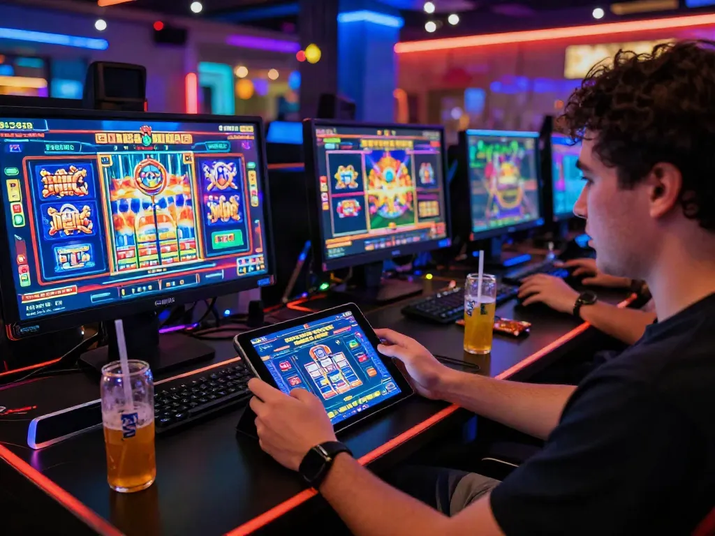 Exciting gaming environment showcases a player engaging with situs gacor on tablet, vibrant slot game interface and multiple screens.