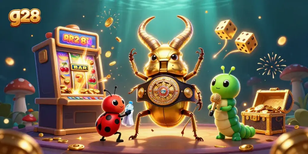 Engage with g28's vibrant 3D casino scene featuring a boxing beetle ready to win