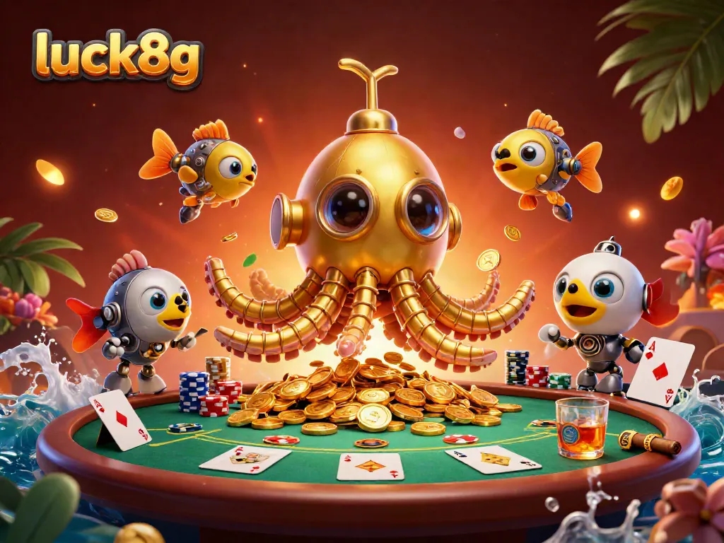 Experience the thrill of online gaming with luck8g's vibrant illustration of a golden kraken submarine amidst poker elements.