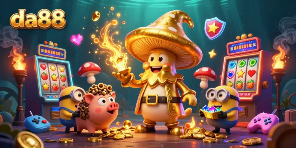 Experience the magic of DA88 where the golden mushroom wizard transforms treasures in a casino-themed illustration.