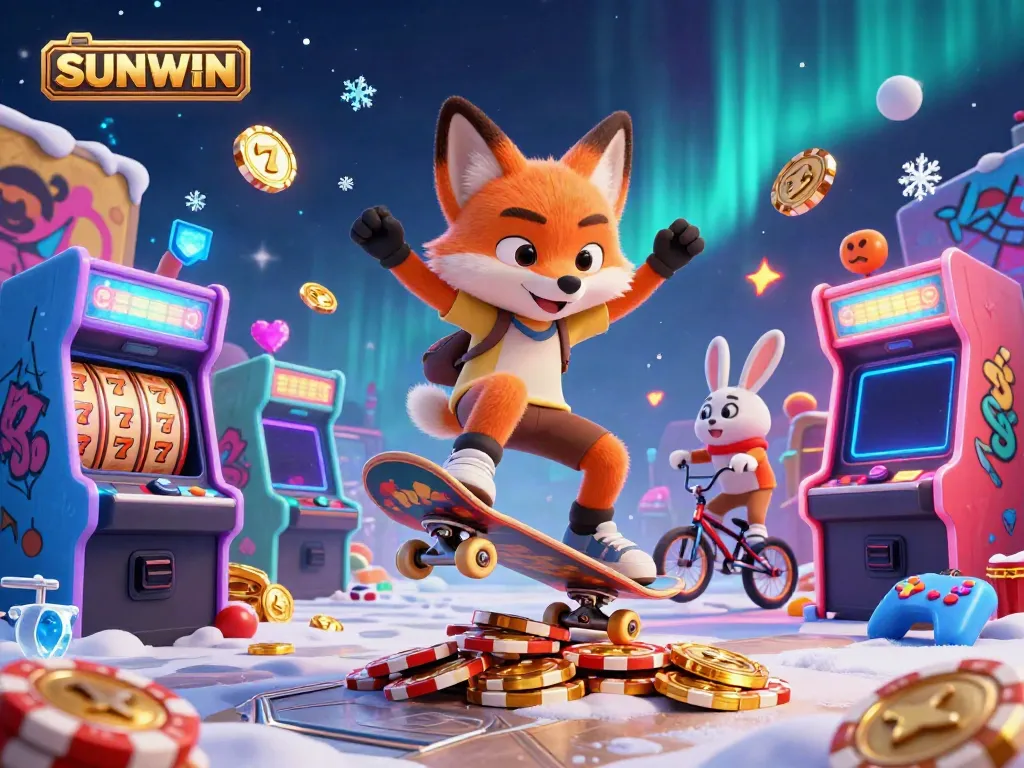 Experience the excitement at SUNWIN with a vibrant gaming scene featuring a skateboarder fox and BMX rabbit amidst dazzling slot game elements.