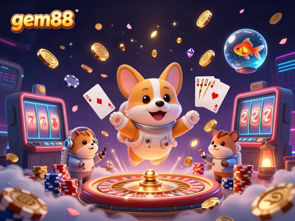 Play slot games and win big at gem88, featuring a vibrant space casino scene with animated characters.