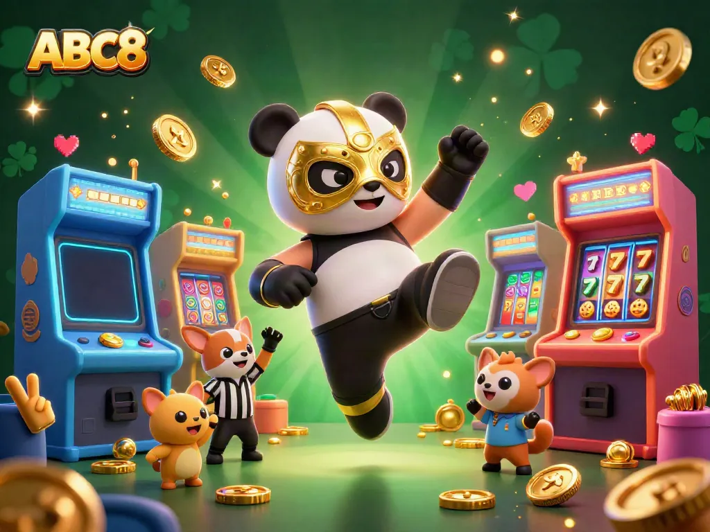 Experience thrilling gaming at ABC8 with a vibrant 3D casino scene featuring a panda wrestler and colorful slot elements.