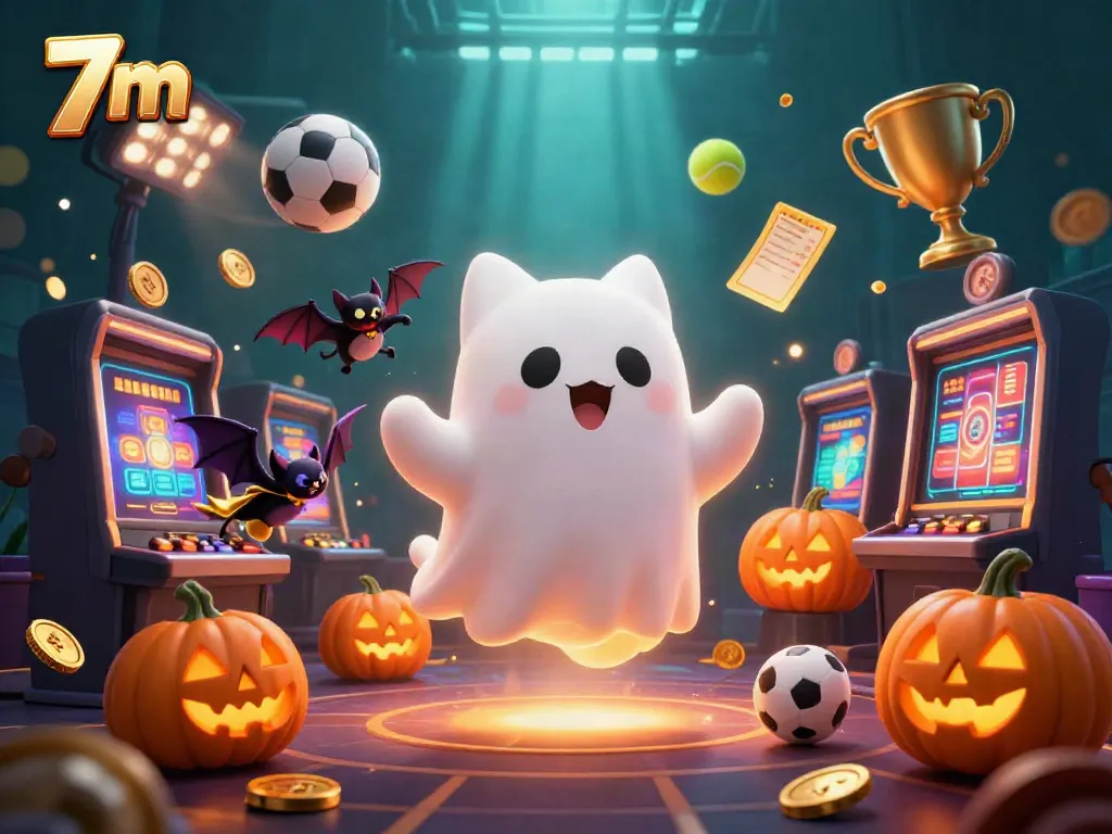 Engage with 7m's exciting casino atmosphere featuring a ghost cat and sports elements.