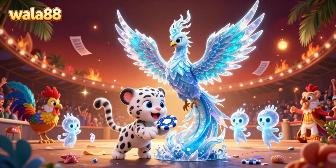 Watch thrilling cockfighting action with wala88 featuring an ice phoenix and vibrant gambling elements.