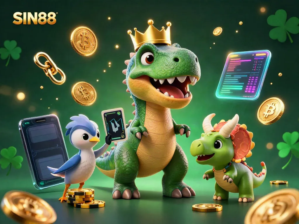 Experience exciting gaming at SIN88 with a cartoon T-Rex, pterodactyl, and triceratops in a fun slot environment.