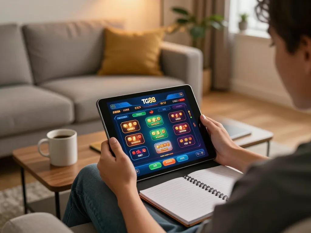 Engaging online gaming session with tg88 app displayed on tablet, cozy living room setting