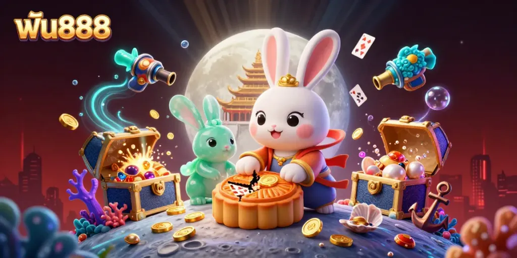 Engaging scene showcasing ฟัน888 with a moon rabbit and treasure elements, highlighting online gambling excitement.