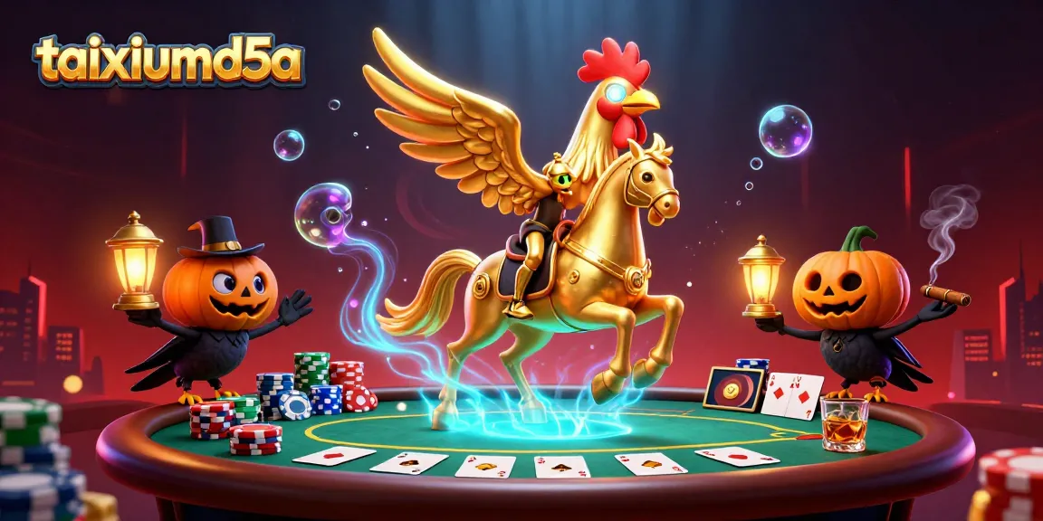 Experience thrilling action at taixiumd5a with a golden rooster and poker elements in a vivid casino.