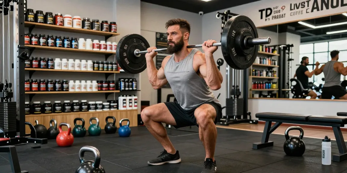 Anabolika Shop showcasing bodybuilding products with muscular man lifting weights in a motivational gym environment.