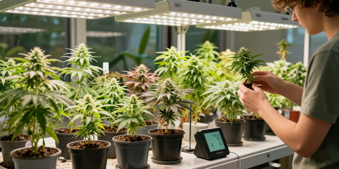 Rooted cannabis clones being examined in a vibrant indoor garden for stecklinge kaufen.
